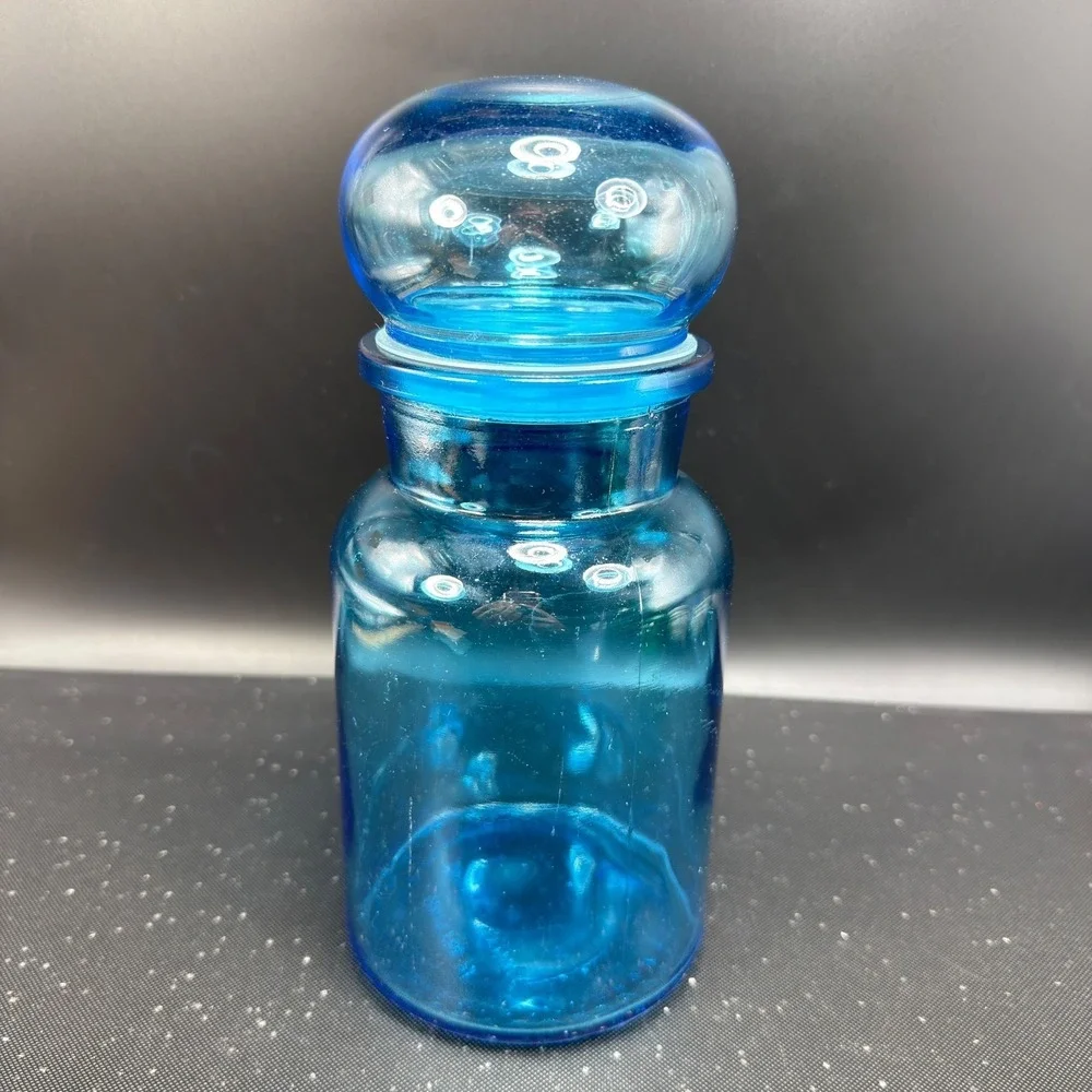 Vintage Blue Glass Apothecary Jar Bubble Lid Made in Belgium Turquoise 8.5